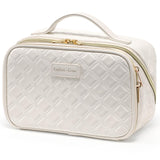 PACKISM Quilted Travel Makeup Bag for Women - PU Leather Open Flat Cosmetic Bags for Women with Dividers, Independent Brush Holder, Waterproof Make Up Organizer for Travel Bathroom, Cream (L)