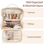 PACKISM Quilted Travel Makeup Bag for Women - PU Leather Open Flat Cosmetic Bags for Women with Dividers, Independent Brush Holder, Waterproof Make Up Organizer for Travel Bathroom, Cream (L)