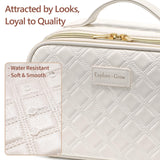 PACKISM Quilted Travel Makeup Bag for Women - PU Leather Open Flat Cosmetic Bags for Women with Dividers, Independent Brush Holder, Waterproof Make Up Organizer for Travel Bathroom, Cream (L)