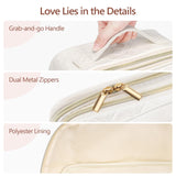 PACKISM Quilted Travel Makeup Bag for Women - PU Leather Open Flat Cosmetic Bags for Women with Dividers, Independent Brush Holder, Waterproof Make Up Organizer for Travel Bathroom, Cream (L)