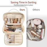 PACKISM Quilted Travel Makeup Bag for Women - PU Leather Open Flat Cosmetic Bags for Women with Dividers, Independent Brush Holder, Waterproof Make Up Organizer for Travel Bathroom, Cream (L)