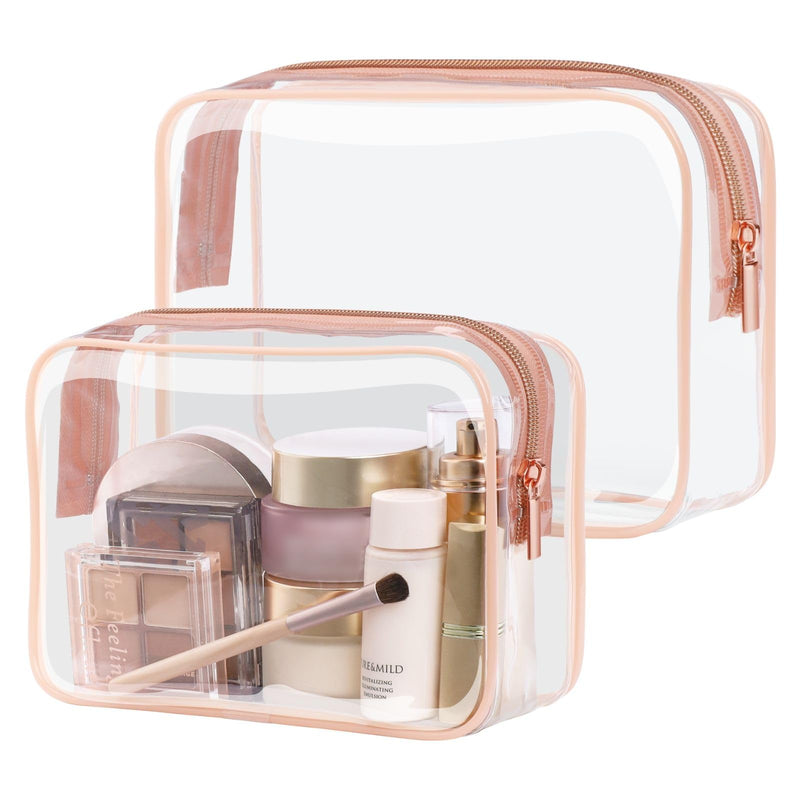 PACKISM TSA Approved Toiletry Bag 2 Pack - 1 Medium TSA Quart Carry - On & 1 Large for Checked Luggage, Water - resistant Clear Makeup Bag Clear Travel Bags for Toiletries, Rose Pink