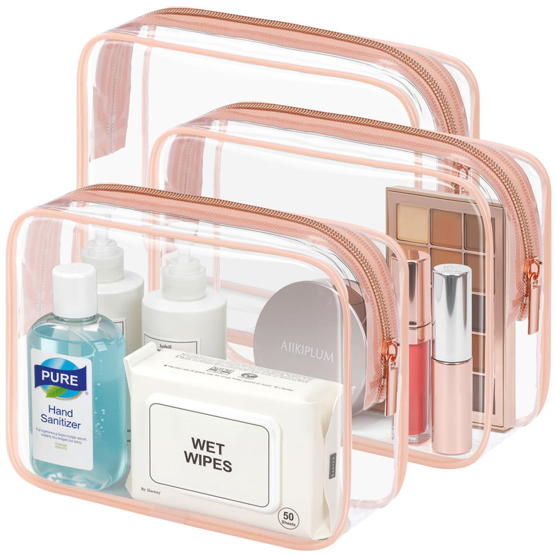 PACKISM TSA Approved Toiletry Bag - Clear Makeup Bag 3 Pack Medium, Quart Size Bag for 3 - 1 - 1 Liquids with Metal Smooth Zipper, Travel Makeup Bag for Women Men, Airport Airline Compliant Bag, Rose Pink