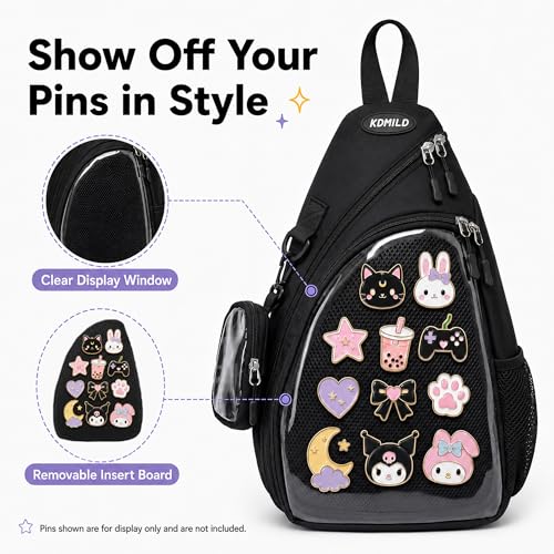 PainPop Oxford Ita Bag Crossbody Sling Bag with Insert Board, Kawaii Pin Display Chest Pack, Single Shoulder Sport Backpack Hiking Daypack for Enamel Pins and Daily Use