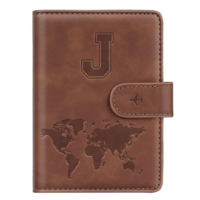 Passport Holder Wallet Cover Personalized Letter A - Z Travel Wallet RFID Blocking Passport Cover Wallet Case for Travel Passport Book Holders for Women and Men, Brown - J