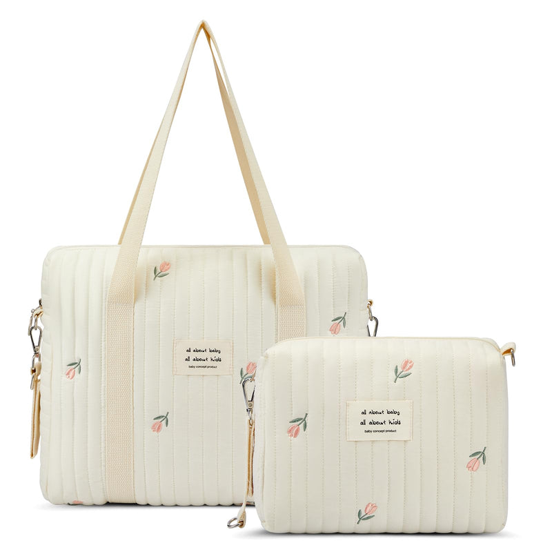 Paterr 2pcs Quilted Diaper Bag Tote Set Multifunction Cotton Maternity Hospital Bag Overnight Travel Handbag for Women Nurse(Tulip)