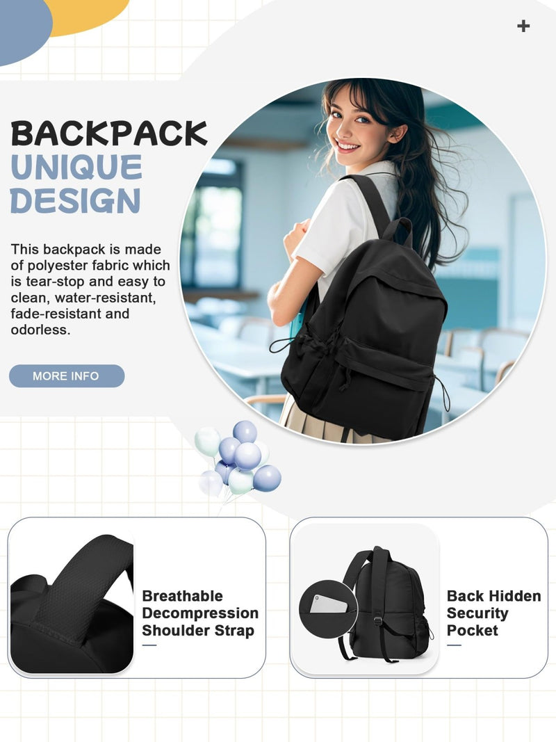 PAUBACK Black School Backpack for Girls Women Waterproof High School Book Bag Cute Backpack for Men Teens Boys, Lightweight Simple Middle School Back Pack Daypack