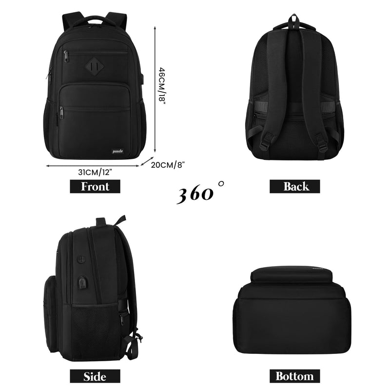 Paude Black Backpack,School Backpack for Teens Adults Laptop Bookbag for High School College Students Back Pack for Work