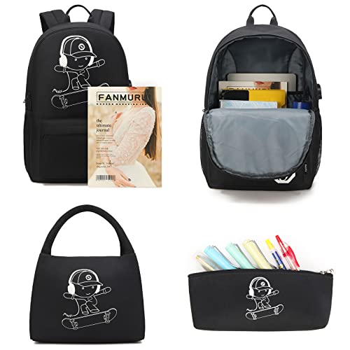 Pawsky School Backpack for Boys Kids Backpack Kindergarten Elementary Middle School College Book Bags with Lunch Box and Pencil Case, Waterproof Travel Back Pack Laptop Backpack (Black)