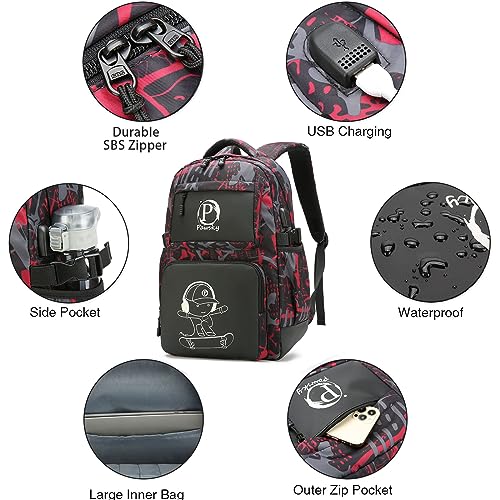 Pawsky Skateboard Anime Luminous Backpack School Backpack with USB Charging Port for Teen Boys, College School Bookbag Lightweight Laptop Bag with Sling Bag Set, Red