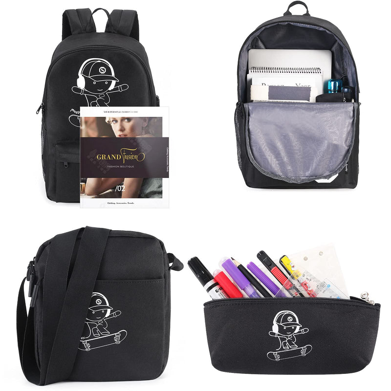 Pawsky Skateboard Anime Luminous School Backpack with USB Charging Port, Anti Theft Lock, Sling Bag & Pencil Case for Teen Boys and Girls, College Bookbag Lightweight Laptop Bag, Black
