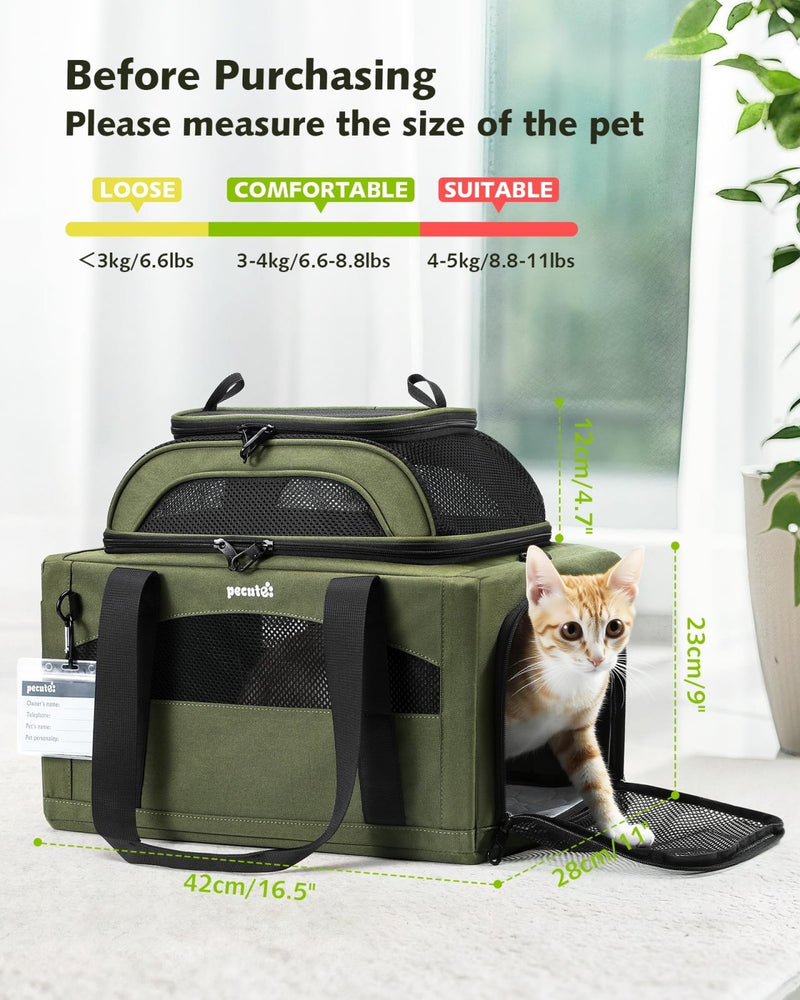 Pecute Expandable Pet Carrier Airline Approved Dog Cat Carrier, Breathable Soft - Sided with Locking Zippers, Pet Travel Bag for Small Dog Cat Anti - Scratch Mesh Leakproof Pee Pad (Dark Green)