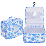 Pengxiaomei Hanging Toiletry Bag, Blue Vintage Floral Waterproof Cosmetic Bag Portable Makeup Pouch Travel Wash Bag with Handle for Kids Teen Girls Camping Tea Party Mothers Day Gifts