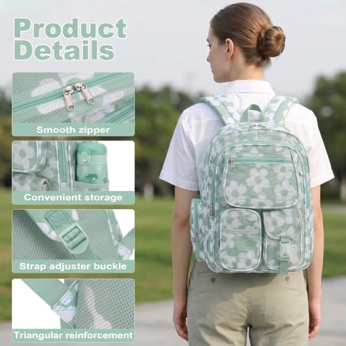 Pepailug Mesh Backpacks for School, Heavy Duty Breathable See Through Bookbag for Women Girls Boys Kids, Large Capacity Mesh bag for Beach Swimming Gym Work Travel- Floral Matcha Green