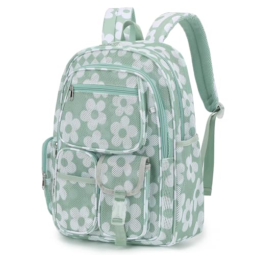 Pepailug Mesh Backpacks for School, Heavy Duty Breathable See Through Bookbag for Women Girls Boys Kids, Large Capacity Mesh bag for Beach Swimming Gym Work Travel- Floral Matcha Green