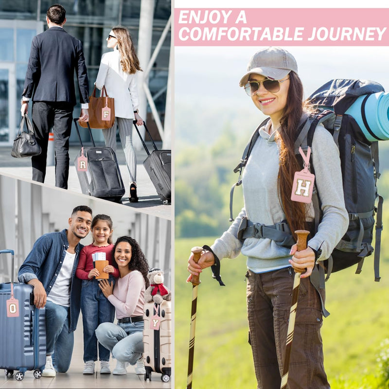 Personalized Initial Luggage Tags for Suitcases, Leather Chenille Letter Cute Luggage Tags with Privacy Name Card, Embroidered Travel Bag Backpack Tag Gifts for Women Kids Girls Teens(Pink - A)