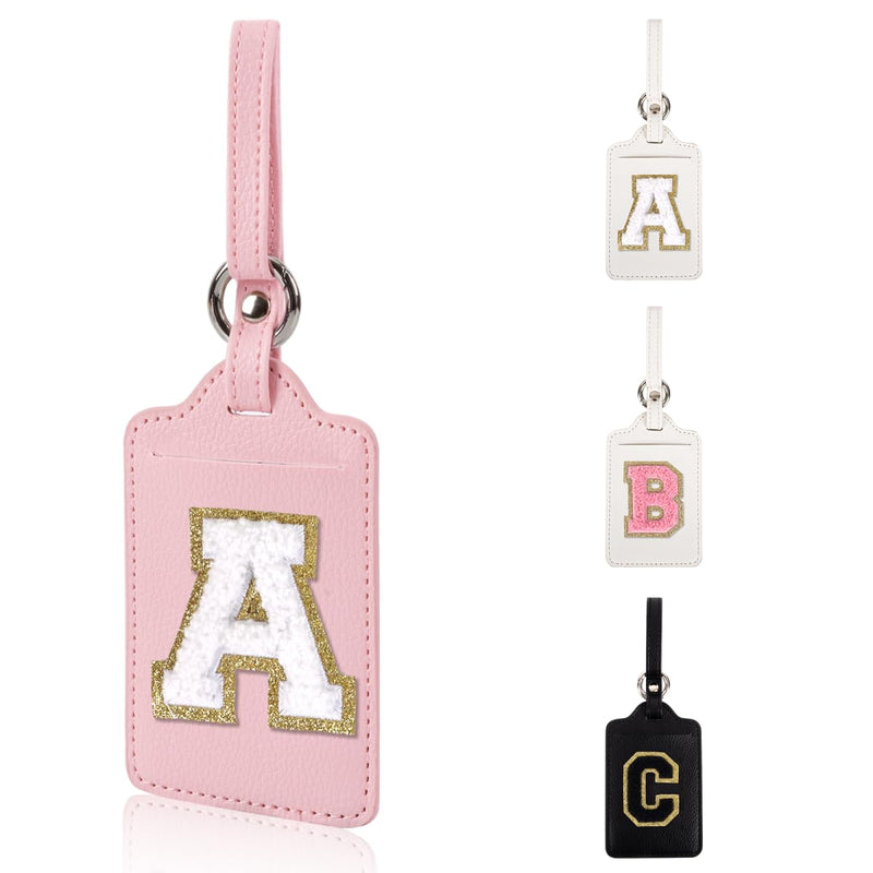 Personalized Initial Luggage Tags for Suitcases, Leather Chenille Letter Cute Luggage Tags with Privacy Name Card, Embroidered Travel Bag Backpack Tag Gifts for Women Kids Girls Teens(Pink - A)