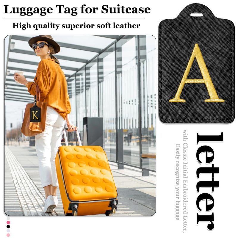 Personalized Initial Luggage Tags for Suitcases,Leather Letter Cute Luggage Tags with Privacy Name Card,Embroidered Monogrammed Travel Bag Backpack Tags Gifts for Women Kids Girls Teens(Black - A)