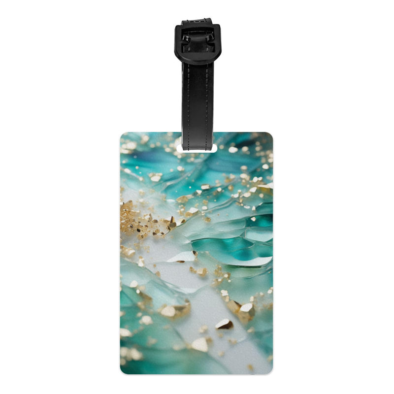 Personalized Luggage Tag Marble Pattern Novelty Custom Luggage Tags for Suitcases, Bag Mosaic Stained Glass Turquoise Jade Teal Blue and Gold Specks Abstract Design Customized Travel, One Piece