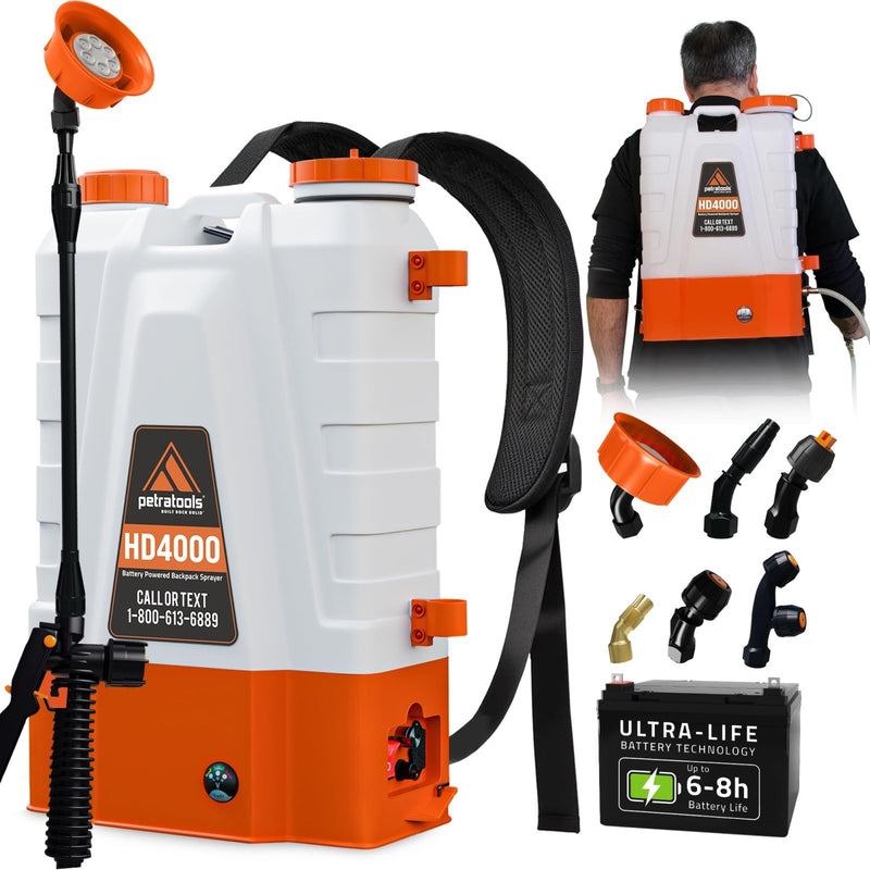 PetraTools Battery Powered Backpack Sprayer 4 Gallon - 6 Hours Long Battery Life & Padded Straps for Comfort - HD4000 Electric Backpack Garden Sprayer with 6 Spray Nozzles & 90PSI Adjustable Pressure