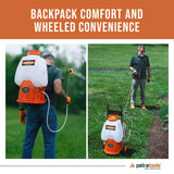PetraTools Powered Backpack Sprayer with Custom Fitted Cart and 100 Foot Commercial Hose, 2 Hoses Included, Commercial Quality Heavy Duty Sprayer (6.5 Gallon Cart)