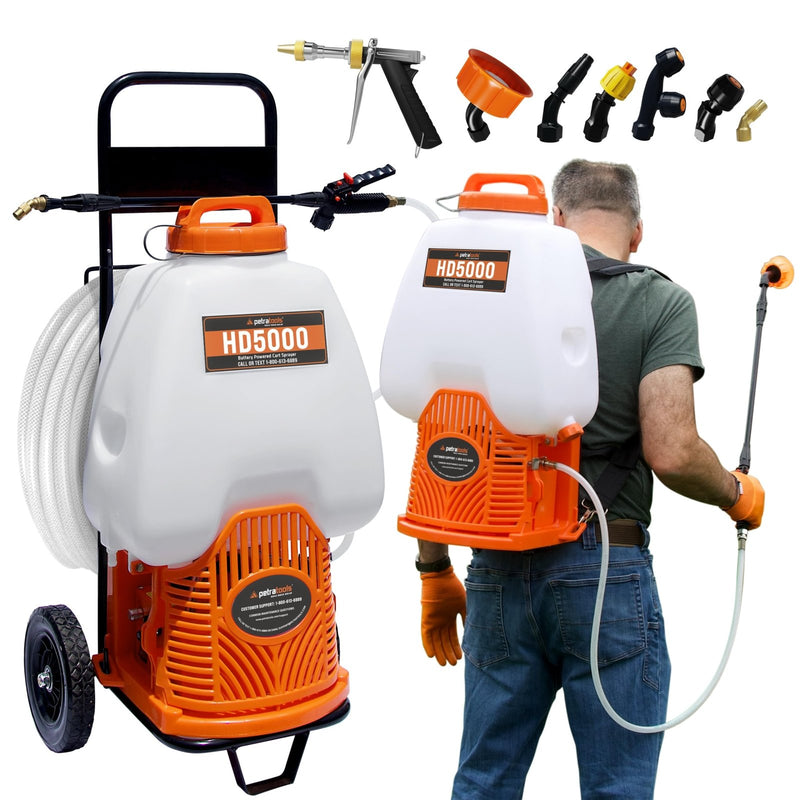 PetraTools Powered Backpack Sprayer with Custom Fitted Cart and 100 Foot Commercial Hose, 2 Hoses Included, Commercial Quality Heavy Duty Sprayer (6.5 Gallon Cart)