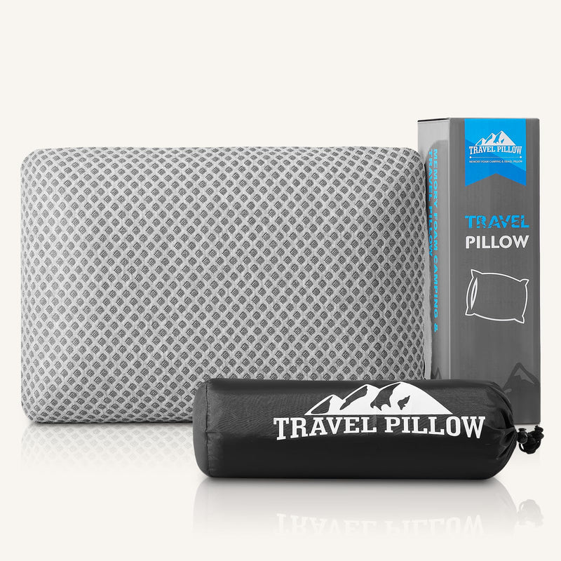 PEUJEW Travel Pillow Memory Foam Pillows, Camping Pillow - Compressible Medium Firm, Breathable Cover, Ideal Backpacking Hiking, Bed Pillows, Airplane and Car (Light Grey, S)