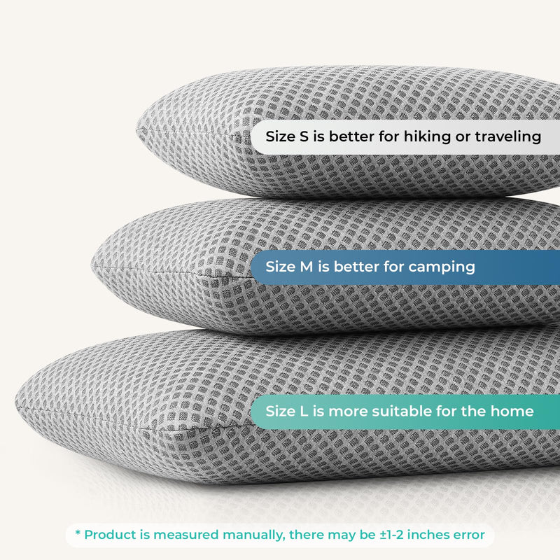PEUJEW Travel Pillow Memory Foam Pillows, Camping Pillow - Compressible Medium Firm, Breathable Cover, Ideal Backpacking Hiking, Bed Pillows, Airplane and Car (Light Grey, S)
