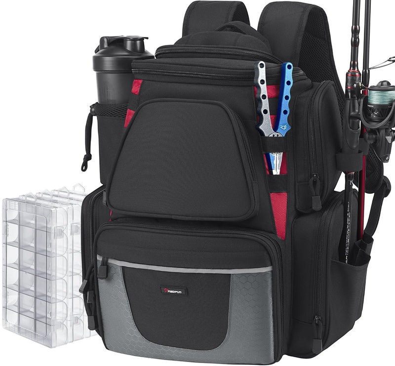 Piscifun Fishing Backpack with 2 Rod Holders & 4 Tackle Boxes, Large Tackle Storage Bag With Rain Cover for Fishing Gear, Black