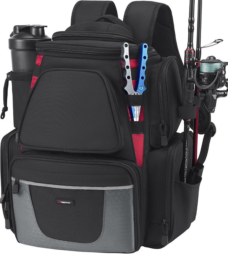 Piscifun Fishing Backpack with 2 Rod Holders & 4 Tackle Boxes, Large Tackle Storage Bag With Rain Cover for Fishing Gear, Black
