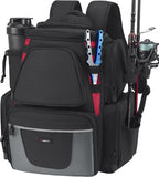 Piscifun Fishing Backpack with 2 Rod Holders & 4 Tackle Boxes, Large Tackle Storage Bag With Rain Cover for Fishing Gear, Black