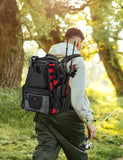 Piscifun Fishing Backpack with 2 Rod Holders & 4 Tackle Boxes, Large Tackle Storage Bag With Rain Cover for Fishing Gear, Black