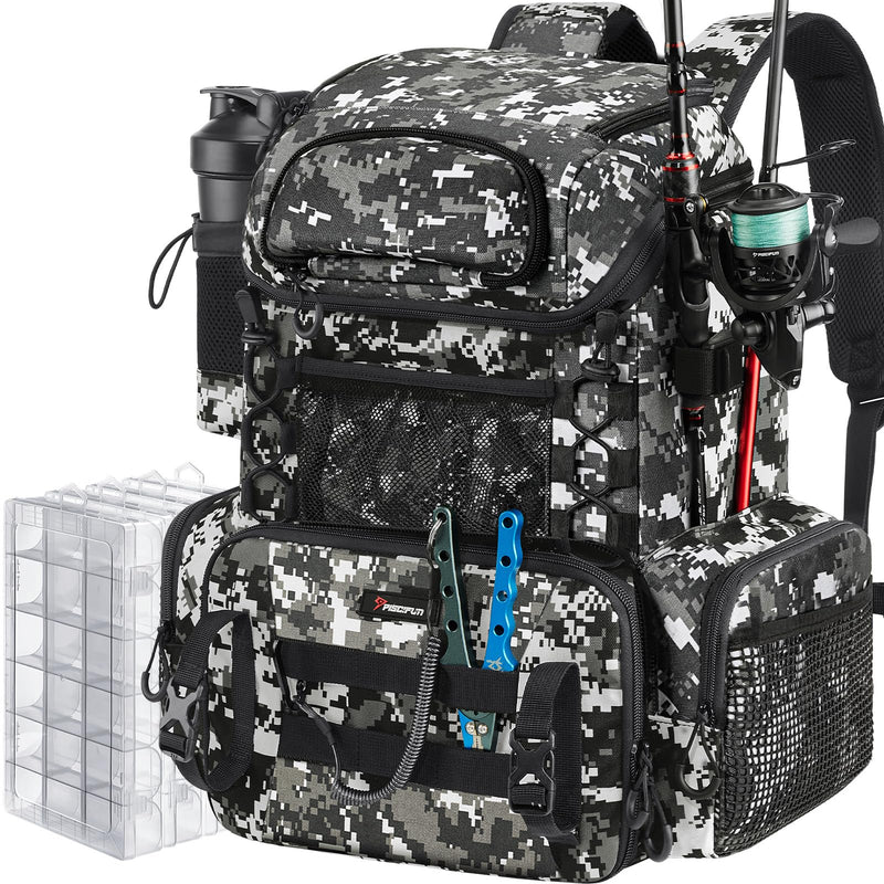 Piscifun Fishing Tackle Backpack with Rod Holders & 4 Tackle Boxes, Outdoor Fishing Bag with Waterproof Rain Cover Camouflage