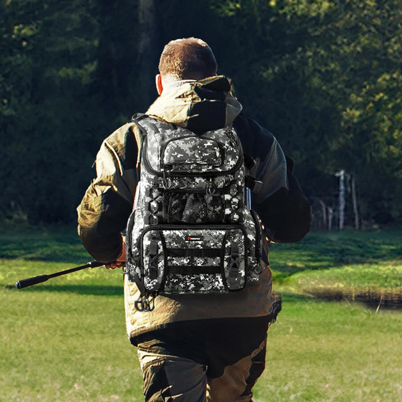 Piscifun Fishing Tackle Backpack with Rod Holders & 4 Tackle Boxes, Outdoor Fishing Bag with Waterproof Rain Cover Camouflage