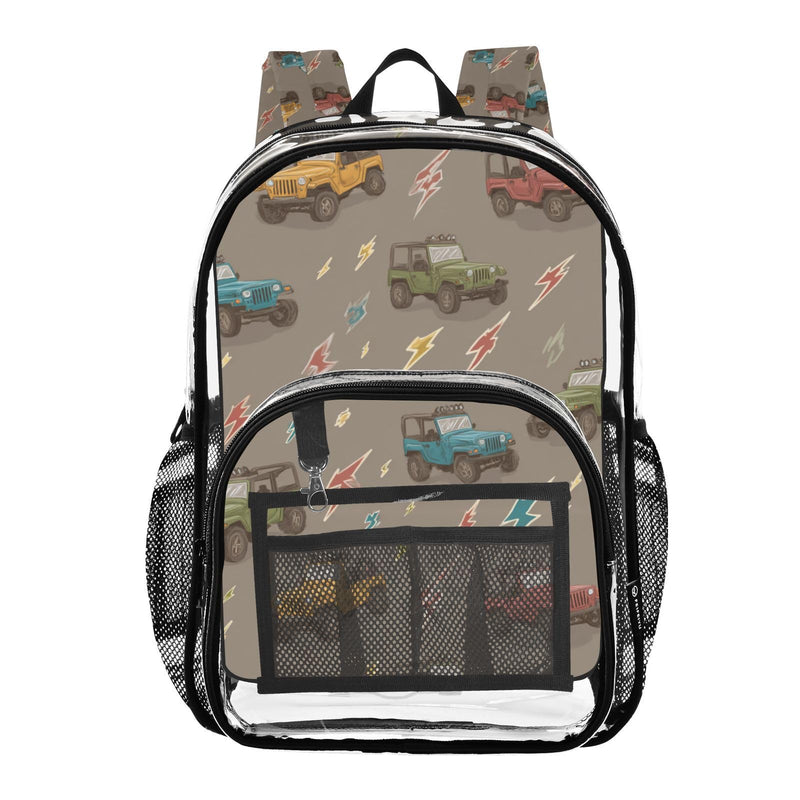 Plaaee Clear Backpack Large Heavy Duty PVC Transparent Backpack for Kids and Adults,Jeep and Lighting Bolts See Through Clear Bookbag for School, Sports, Work, Travel
