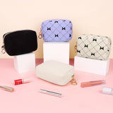 Playexen Small Makeup Bag for Purse, Corduroy Small Cosmetic Bag with Ring Buckle & Inner Pockets, Portable Bow Toiletry Makeup Pouch Purse for Travel Daily Use (Beige)