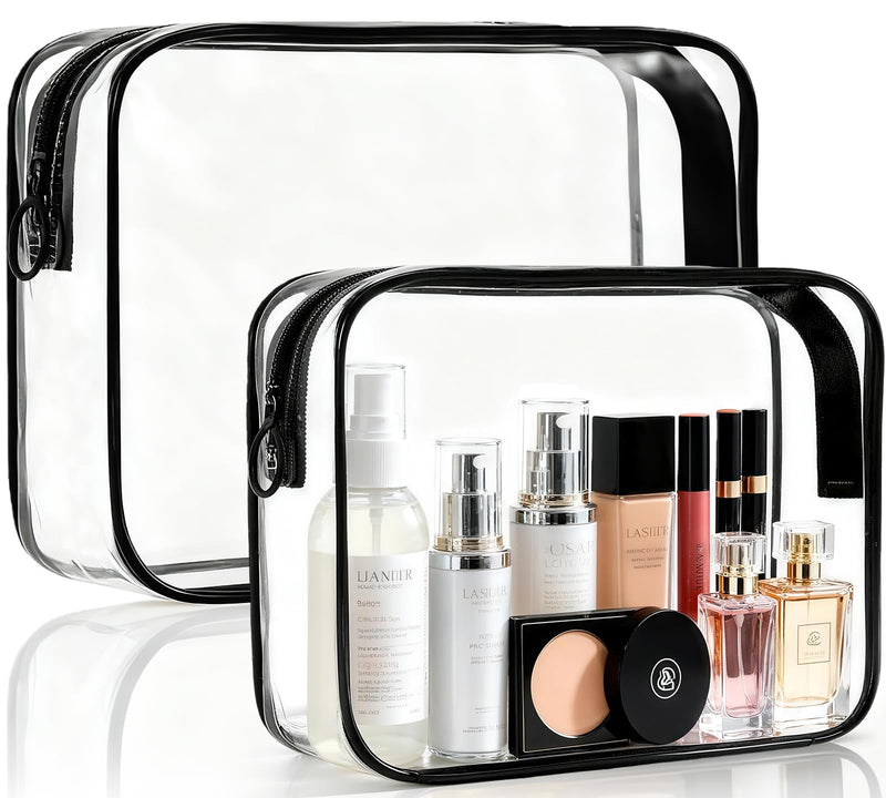 ploimyur Clear Makeup Bag, 2 Pack TSA Approved Toiletry Bag for Travel Size Toiletries, Quart Size Clear Cosmetic Organizer bag for Women Men, Carry on Airport Airline Compliant Bag(Black - 2pcs)