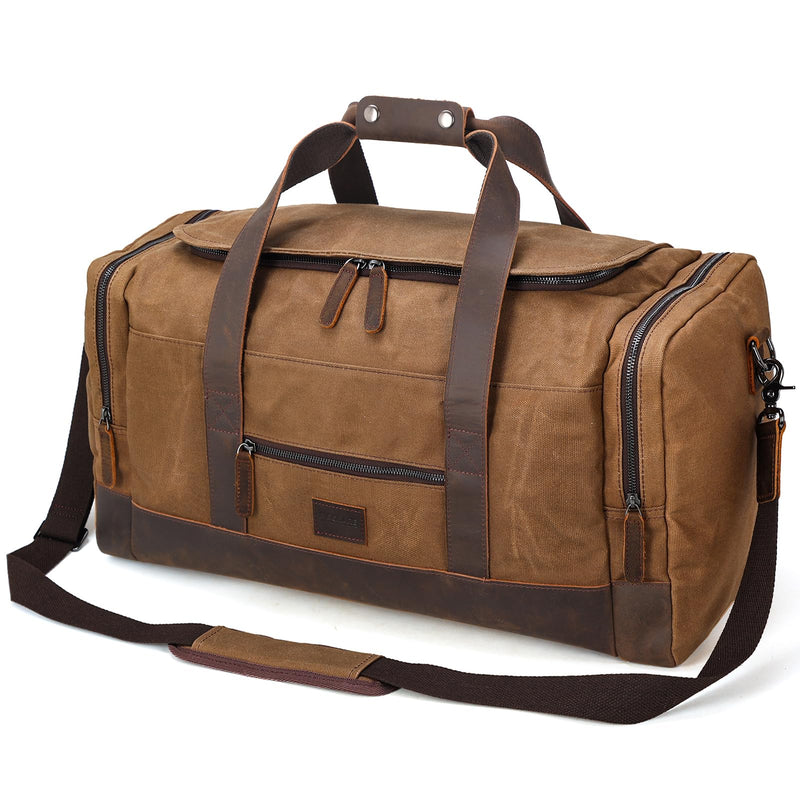Polare 23" Waxed Canvas Cowhide Leather Travel Duffle Bag 42L Duffel Bag Waterproof Overnight Carry on Luggage Sport Weekender Bag For Men (Brown - 23")