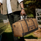 Polare 23" Waxed Canvas Cowhide Leather Travel Duffle Bag 42L Duffel Bag Waterproof Overnight Carry on Luggage Sport Weekender Bag For Men (Brown - 23")