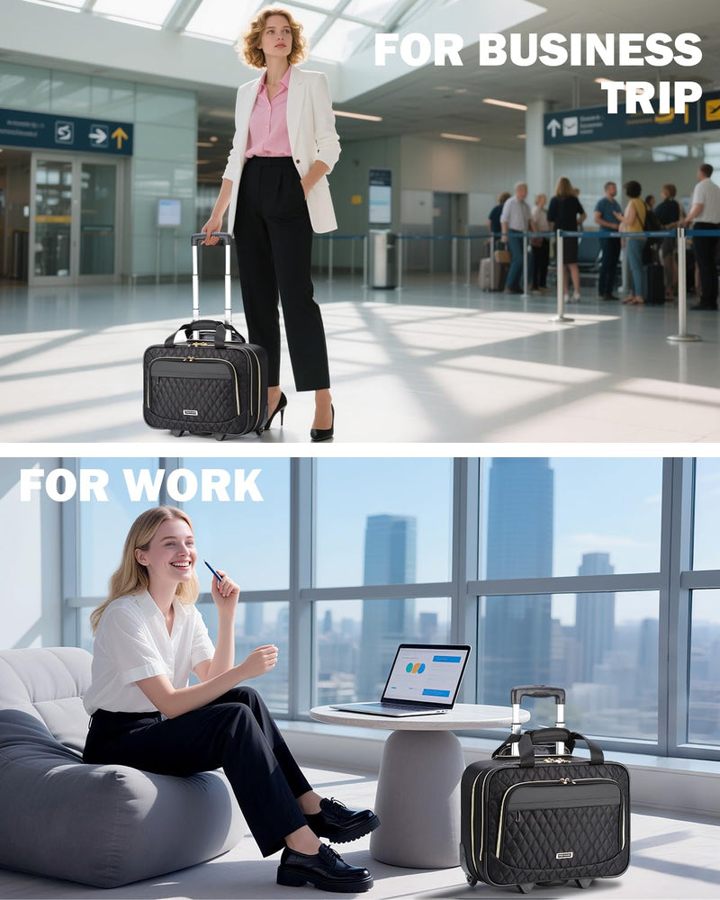 Ponhog Rolling Laptop Bag, 15.6 Inch Rolling Briefcase for Women with Wheels, Carry On Flight Approved Roller Computer Case for Travel Work College Business Wife Mom Teacher, Black