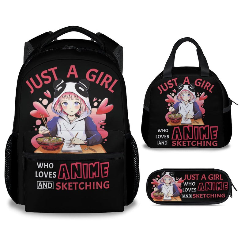 PoshWrap Girls Backpack with Lunch Box - Set of 3 School Backpacks Matching Combo - Lightweight Black Bookbag and Pencil Case Bundle
