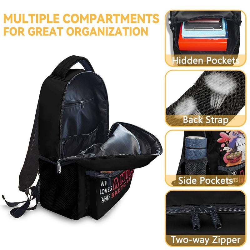 PoshWrap Girls Backpack with Lunch Box - Set of 3 School Backpacks Matching Combo - Lightweight Black Bookbag and Pencil Case Bundle