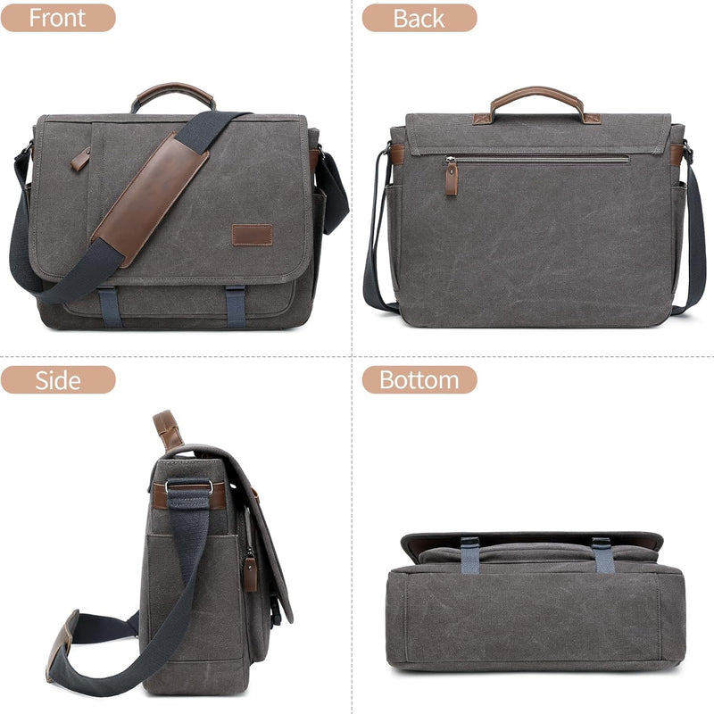PPOBOW Laptop Messenger Bag for Men, 17 inch Water - resistant Canvas Laptop Shoulder Bag, Business Briefcase Satchel Computer Work Bag with Padded Compartment, Grey