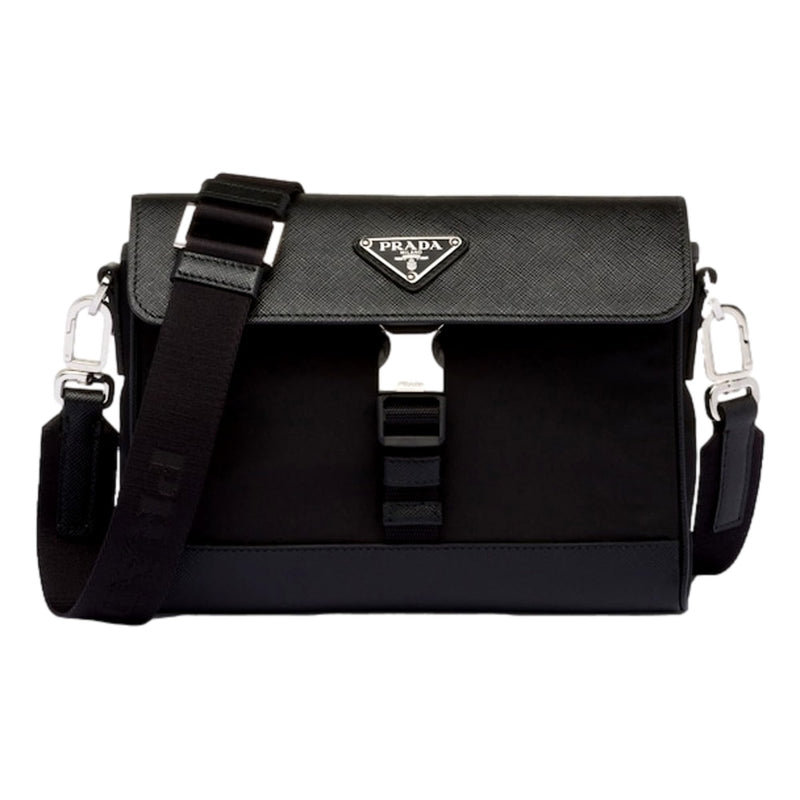 Prada Unisex Nero Black Re - Nylon Saffiano Silver Triangle Logo Messenger Crossbody Bag