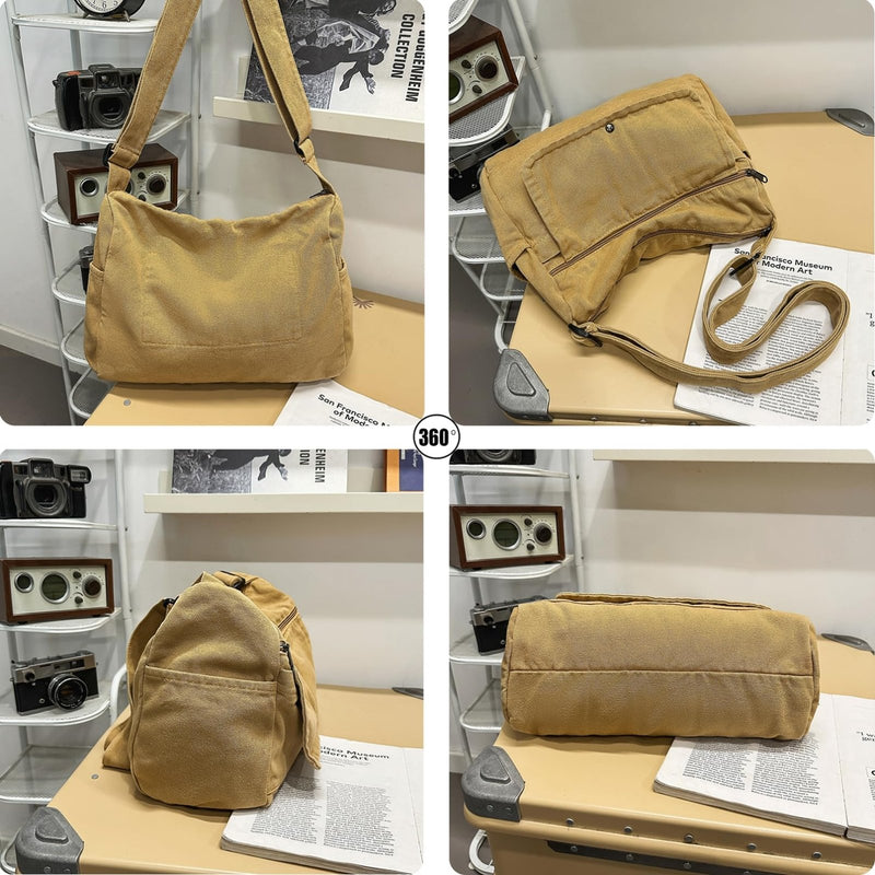 PRAGARI Canvas Messenger Bag for Women Hobo Crossbody Shoulder Bag Vintage Satchel Tote Handbag with Multiple Pockets