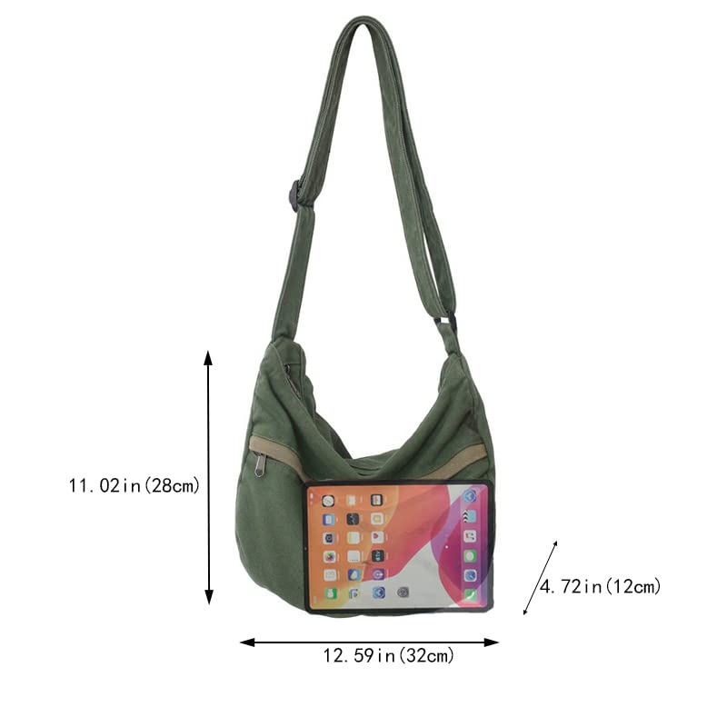 PRAGARI Canvas Messenger Bag Hobo Crossbody Bag for Women Green Shoulder Tote Handbag Vintage Aesthetic Travel Work