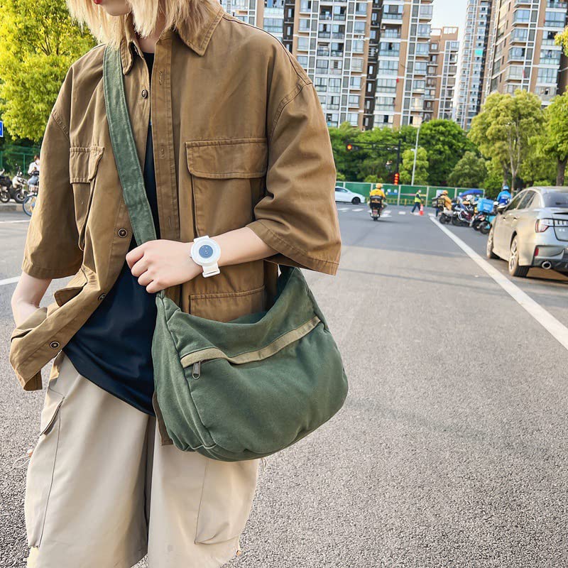 PRAGARI Canvas Messenger Bag Hobo Crossbody Bag for Women Green Shoulder Tote Handbag Vintage Aesthetic Travel Work
