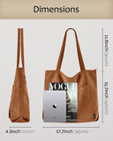 Prite Corduroy Tote Bag for Women Large Shoulder Bag with Zipper and Pockets for College Work Travel Shopping(Brown)