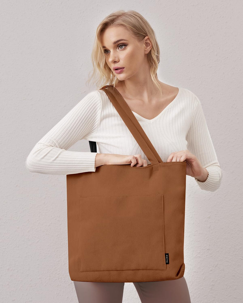 Prite Corduroy Tote Bag for Women Large Shoulder Bag with Zipper and Pockets for College Work Travel Shopping(Brown)