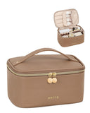 Prite Makeup Bag, Large Capacity Portable Travel Cosmetic Bag, Waterproof Makeup Organizer for Women with Handle and Divider (001 Brown)